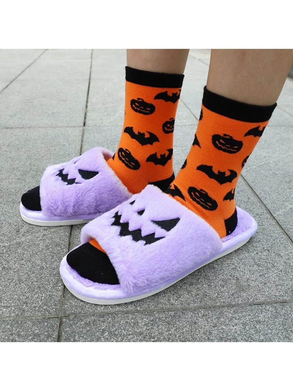 Unisex Purple Halloween Indoor Outdoor Open Toe Spooky Slides Fuzzy Slippers - Picture 5 of 7